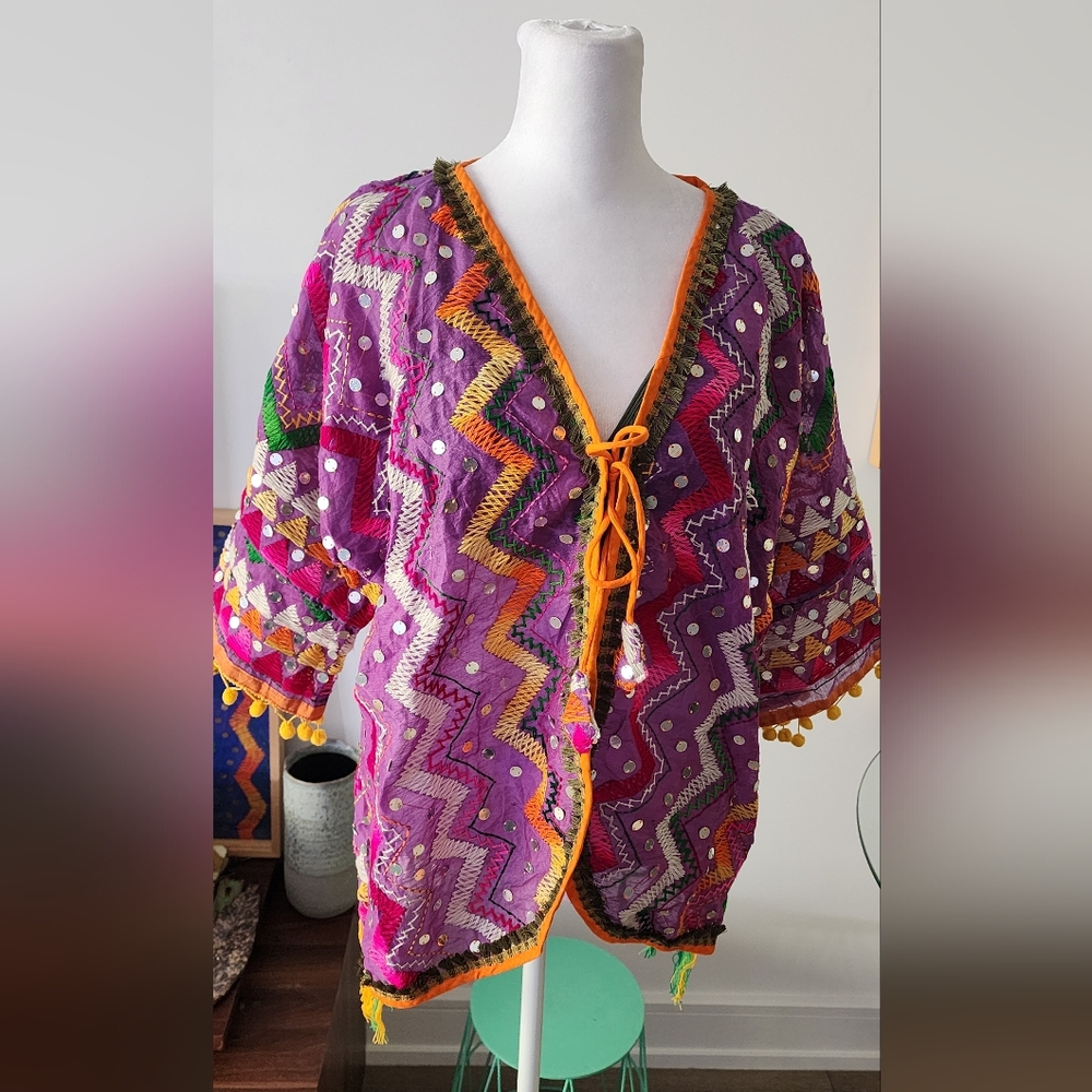 Colorful Bohemian Kimono with Pom Pom Trim